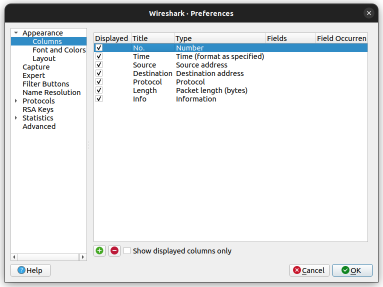 Configuración de columnas en Wireshark