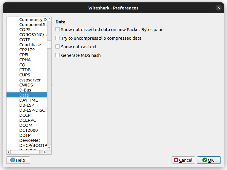 Preferencias de Wireshark: Protocols, Data